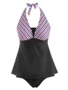 Skirted Halter Mixed Stripes Panel Tankini Swimwear