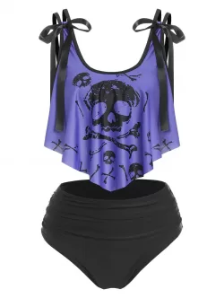 Skull Print Bowknot Detail Padded Tankini Set
