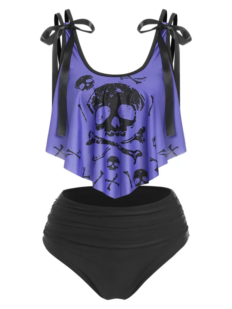 Skull Print Bowknot Detail Padded Tankini Set