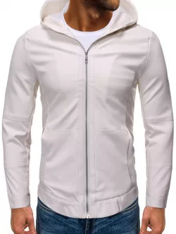 Solid Color False Leather Hooded Jacket