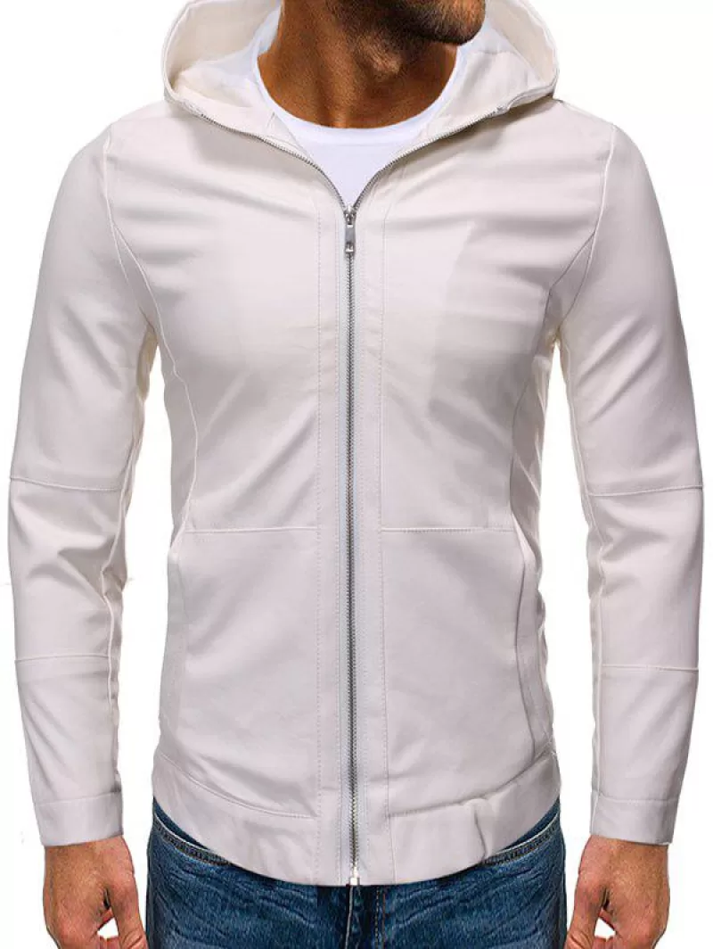 Solid Color False Leather Hooded Jacket