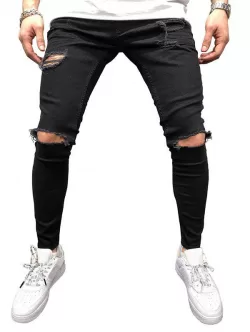 Solid Color Hole Design Jeans