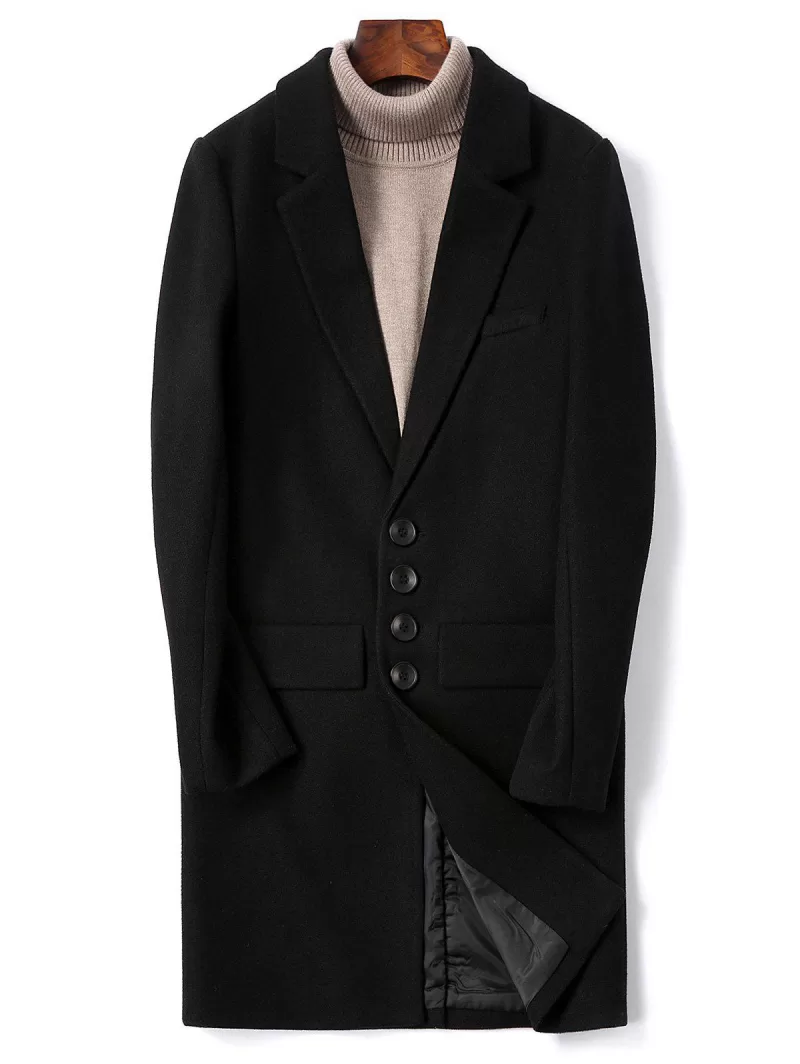 Solid Color Single Breasted Flap Pocket Woolen Coat