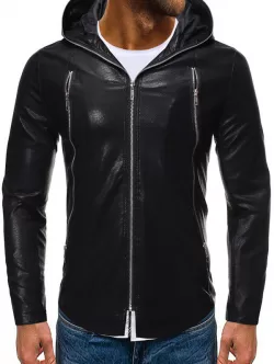 Solid Color Zipper Faux Leather Hooded Jacket