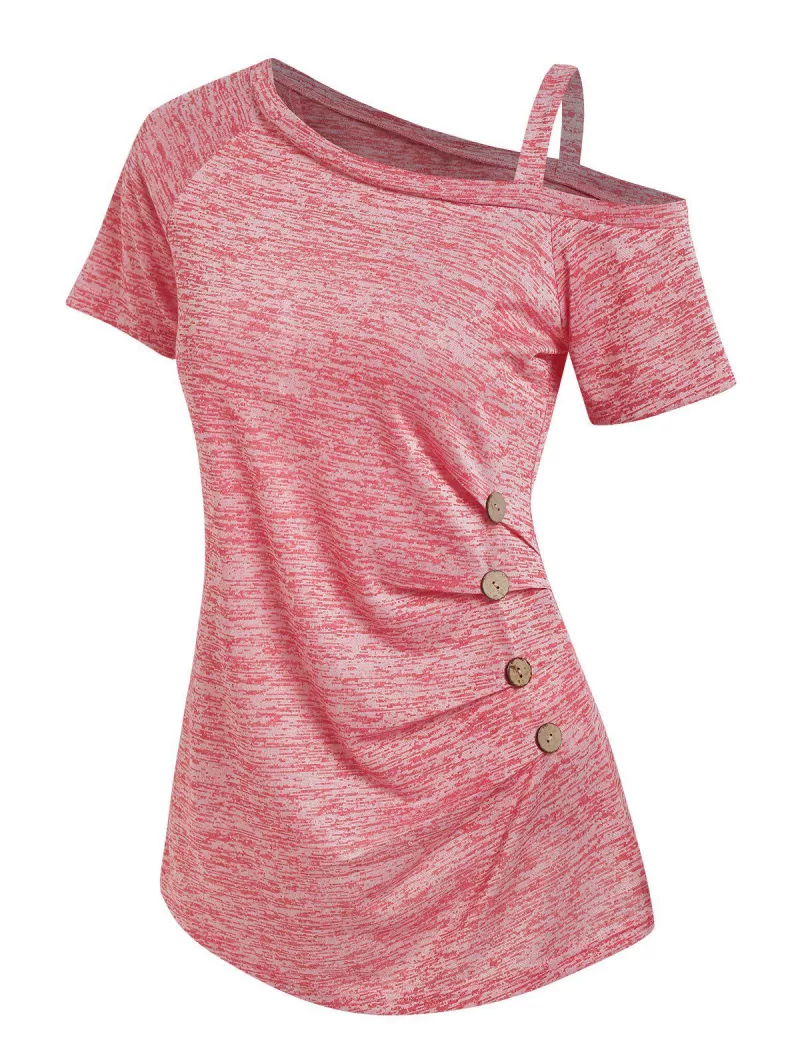 Space Dye Print Button Ruched T-shirt