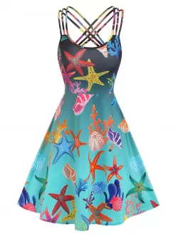Strappy Crisscross Marine Life Print Mini Dress