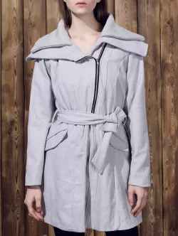 Stylish Long Sleeve Turn-down Collar Spliced Zip Up Women's Belted Coat