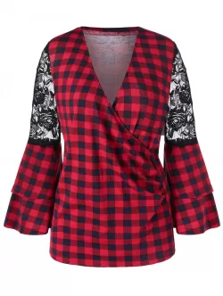 Surplice Bell Sleeve Lace Panel Plaid Blouse
