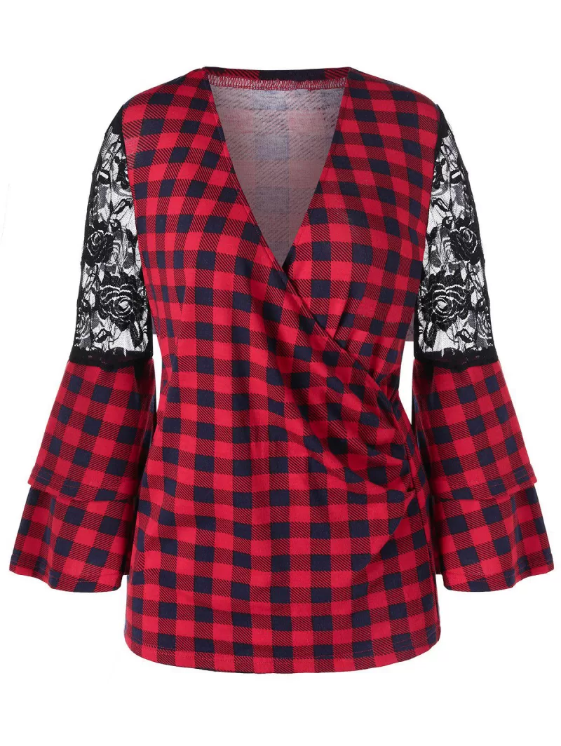 Surplice Bell Sleeve Lace Panel Plaid Blouse