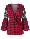Surplice Bell Sleeve Lace Panel Plaid Blouse