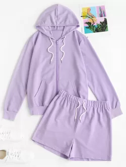 Sweat Zip Up Hoodie And Drawstring Shorts Set