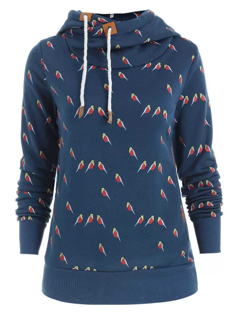 Sweet Style Long Sleeve Hooded Little Bird Print Women's Hoodie