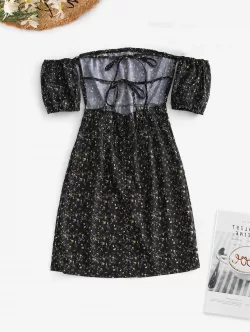 Ties Open Back Off Shoulder Ditsy Floral Dress