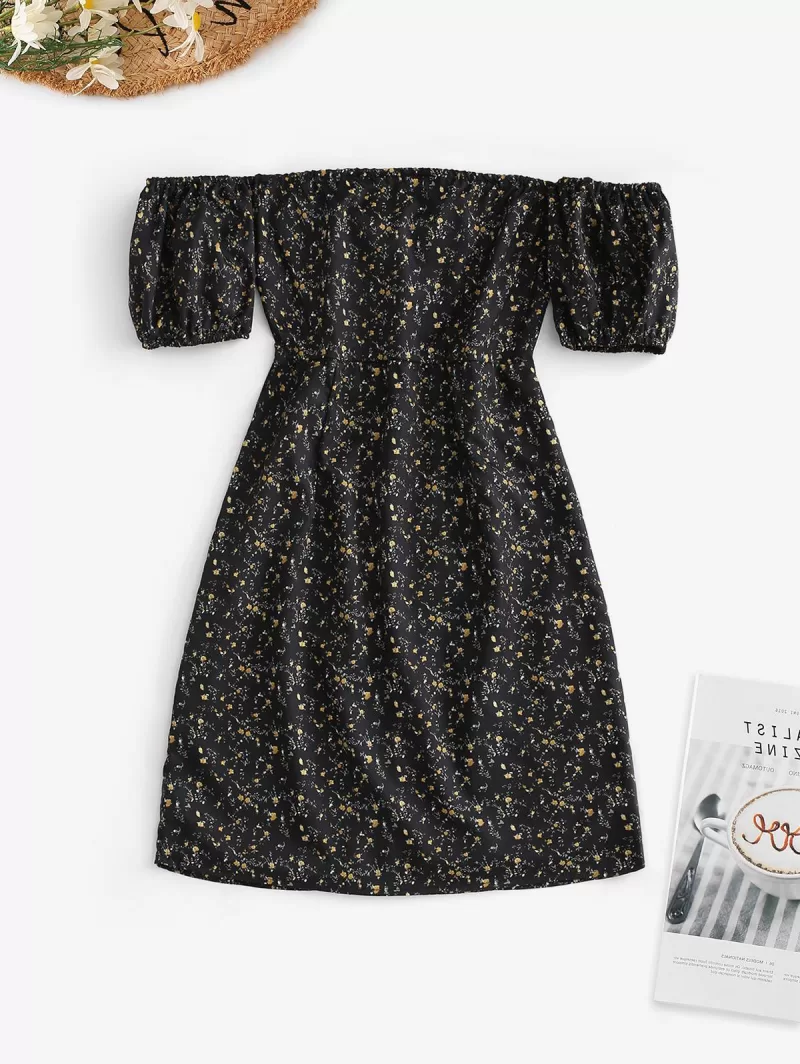 Ties Open Back Off Shoulder Ditsy Floral Dress