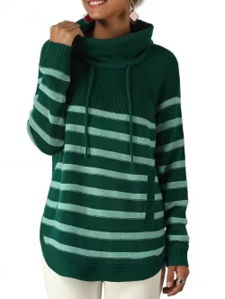 Turtleneck Striped Raglan Sleeve Pocket Sweater
