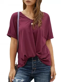 Twisted Hem Rolled Cuff V Neck T-shirt