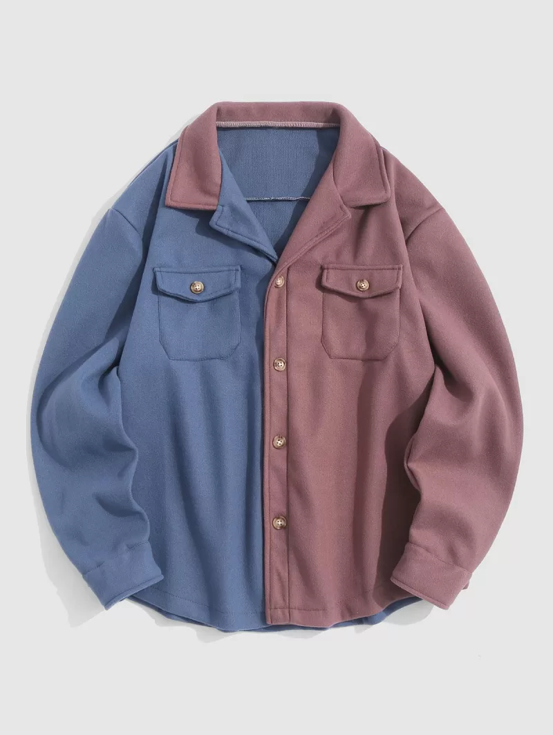 Two Tone Double Pockets Wool Blend Shacket