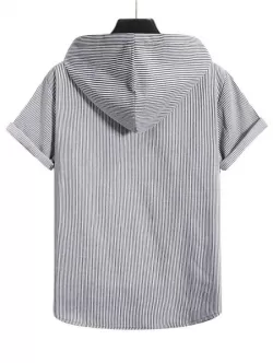 Vertical Stripe Print Short Sleeve Hooded Shirt
