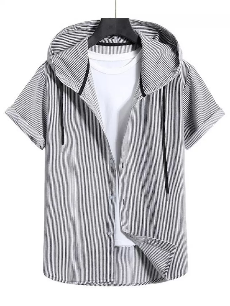 Vertical Stripe Print Short Sleeve Hooded Shirt