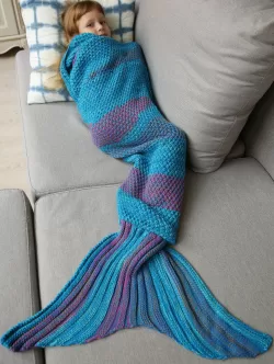 Winter Thicken Longer Color Block Design Knitted Wrap Kids Mermaid Tail Blanket