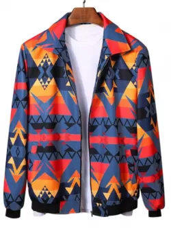 Zip Streetwear Geometric Aztec Print Rib-knit Trim Jacket