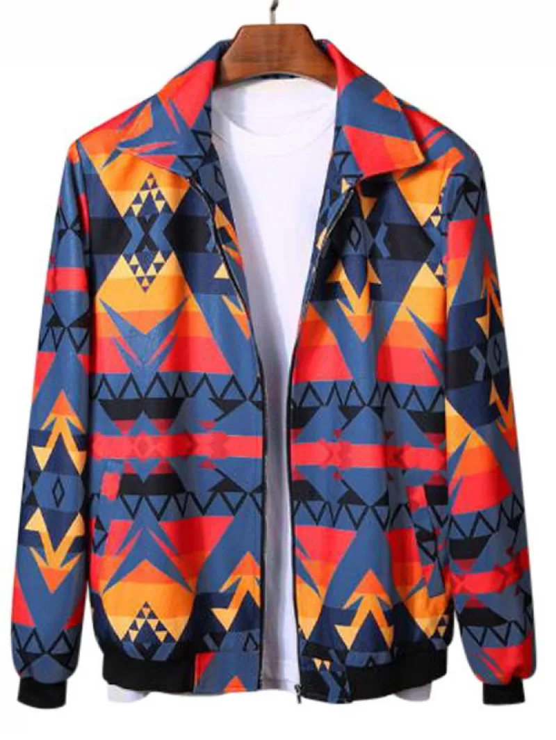 Zip Streetwear Geometric Aztec Print Rib-knit Trim Jacket