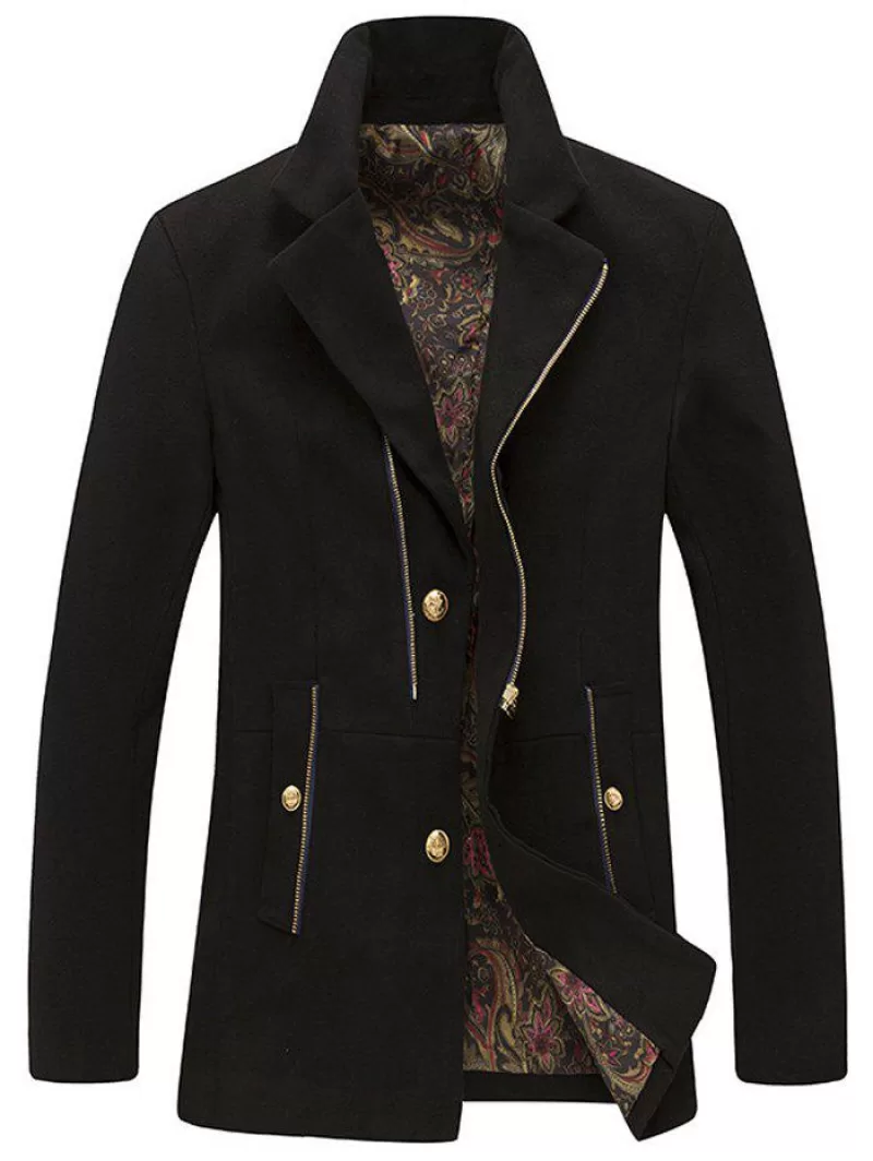 Zipper Design Single Breasted Woolen Coat